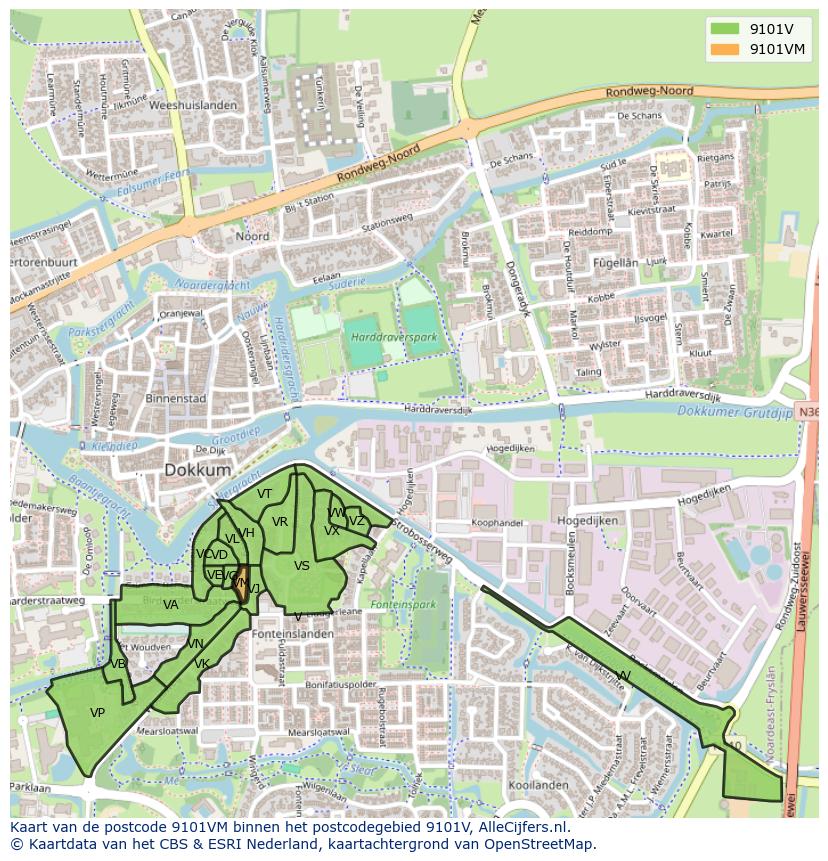 Afbeelding van het postcodegebied 9101 VM op de kaart.
