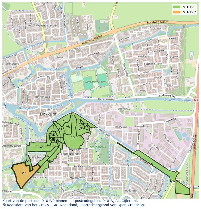 Afbeelding van het postcodegebied 9101 VP op de kaart.