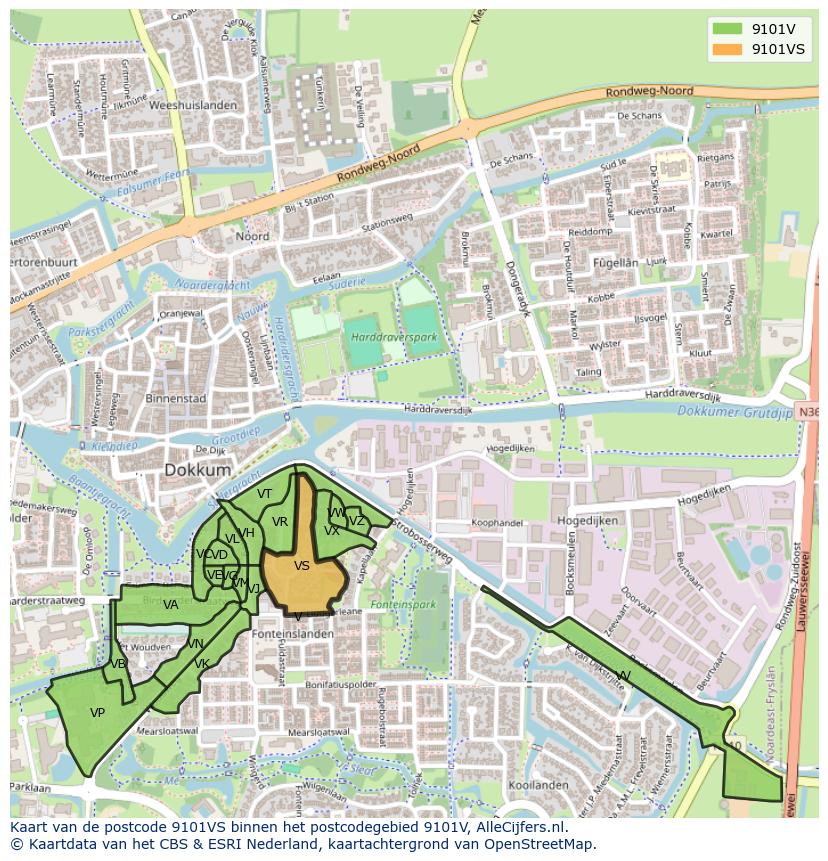 Afbeelding van het postcodegebied 9101 VS op de kaart.