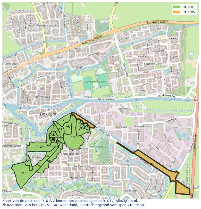 Afbeelding van het postcodegebied 9101 VV op de kaart.
