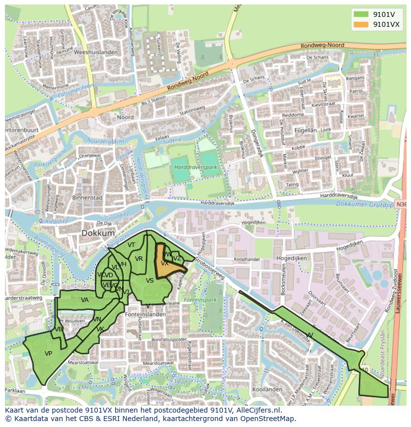 Afbeelding van het postcodegebied 9101 VX op de kaart.