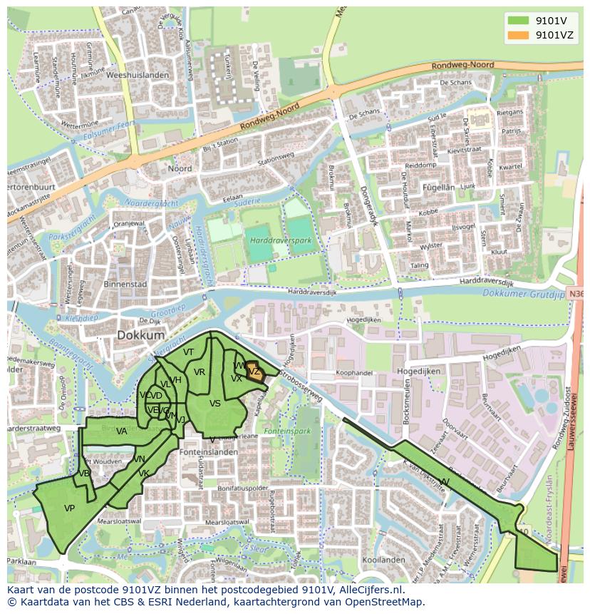Afbeelding van het postcodegebied 9101 VZ op de kaart.