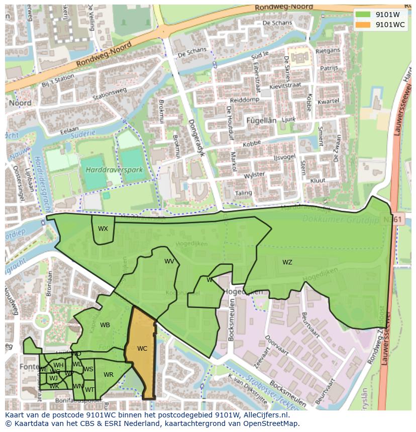 Afbeelding van het postcodegebied 9101 WC op de kaart.
