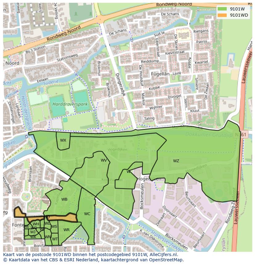 Afbeelding van het postcodegebied 9101 WD op de kaart.