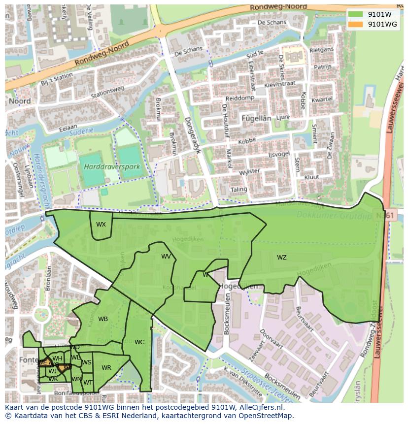 Afbeelding van het postcodegebied 9101 WG op de kaart.