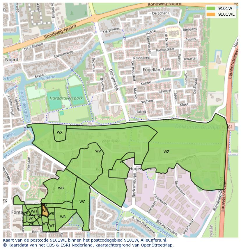 Afbeelding van het postcodegebied 9101 WL op de kaart.