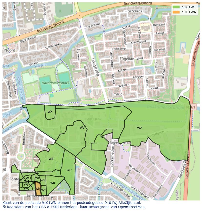 Afbeelding van het postcodegebied 9101 WN op de kaart.