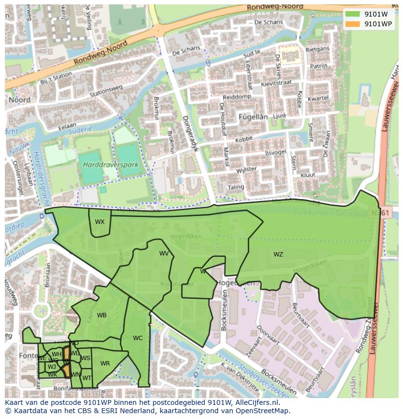 Afbeelding van het postcodegebied 9101 WP op de kaart.