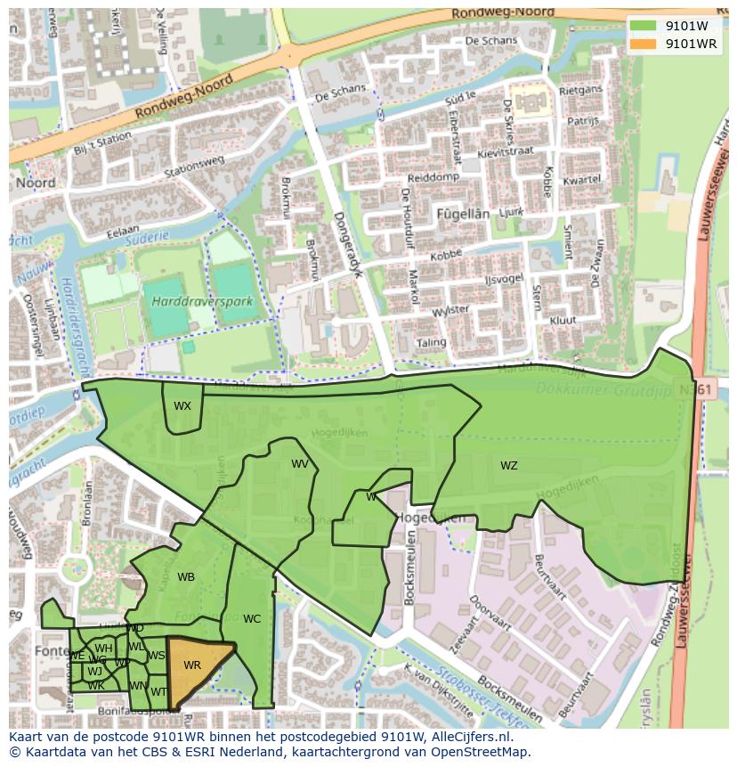 Afbeelding van het postcodegebied 9101 WR op de kaart.