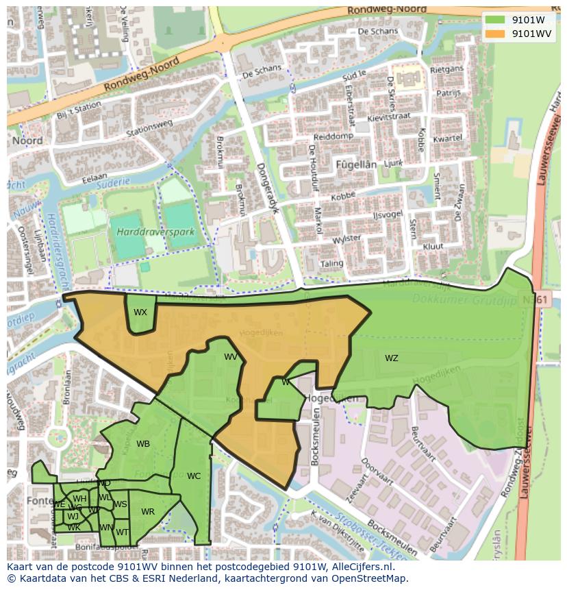 Afbeelding van het postcodegebied 9101 WV op de kaart.
