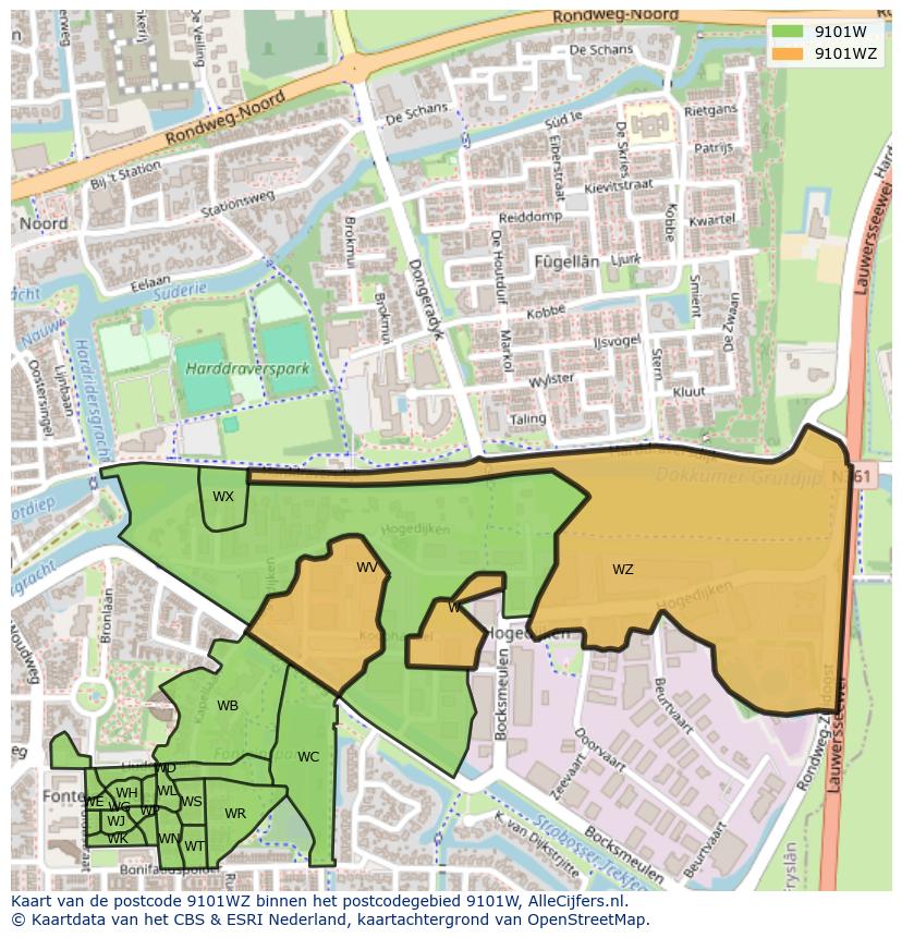 Afbeelding van het postcodegebied 9101 WZ op de kaart.