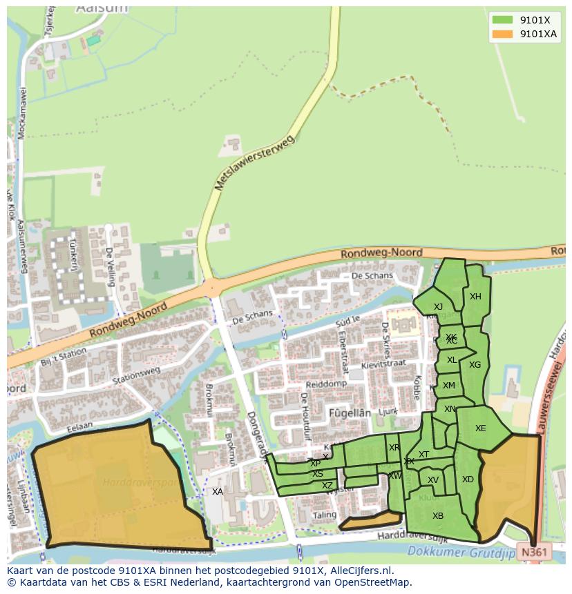 Afbeelding van het postcodegebied 9101 XA op de kaart.