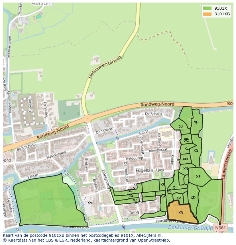 Afbeelding van het postcodegebied 9101 XB op de kaart.