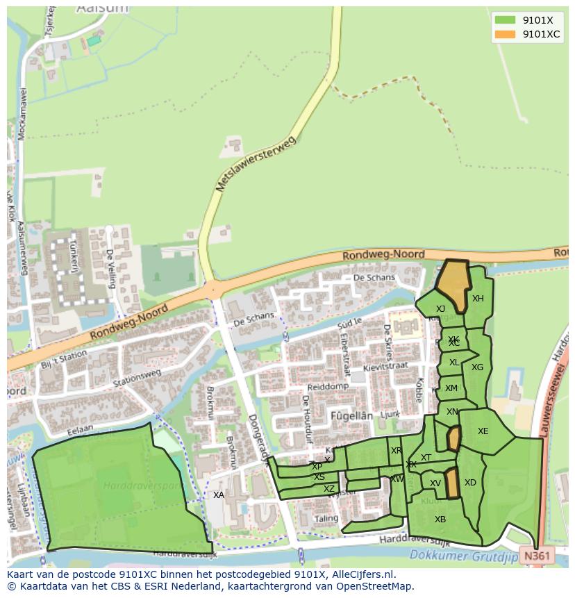 Afbeelding van het postcodegebied 9101 XC op de kaart.