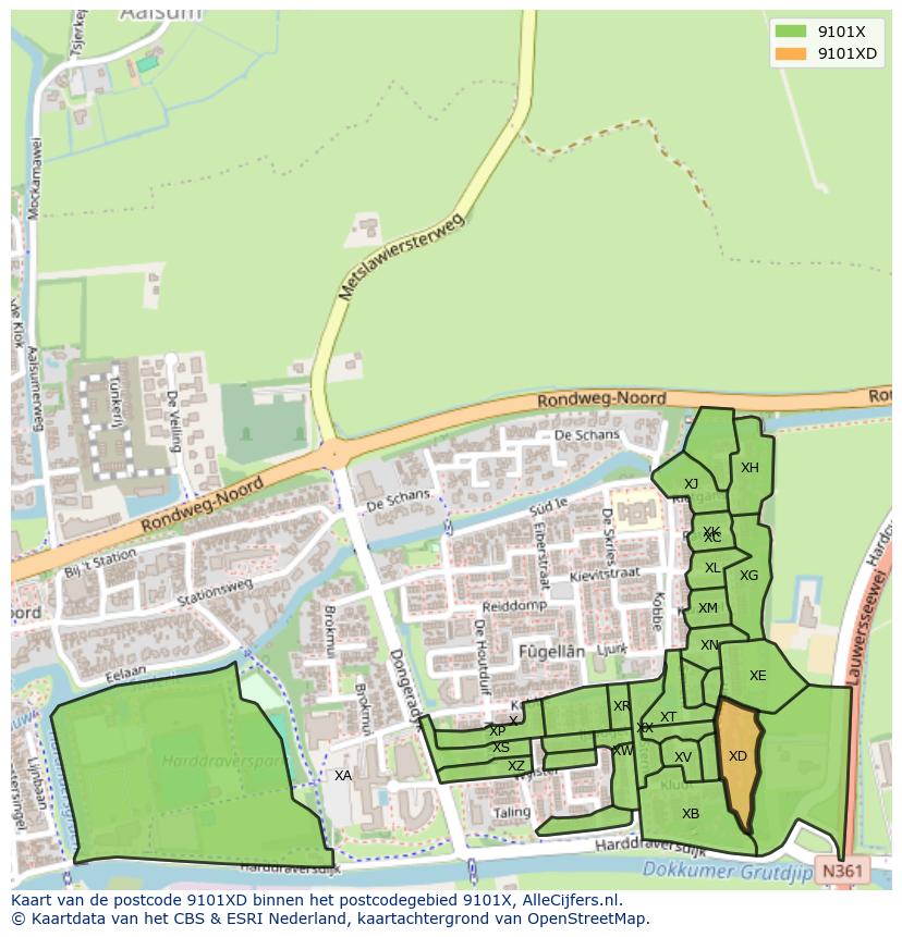 Afbeelding van het postcodegebied 9101 XD op de kaart.