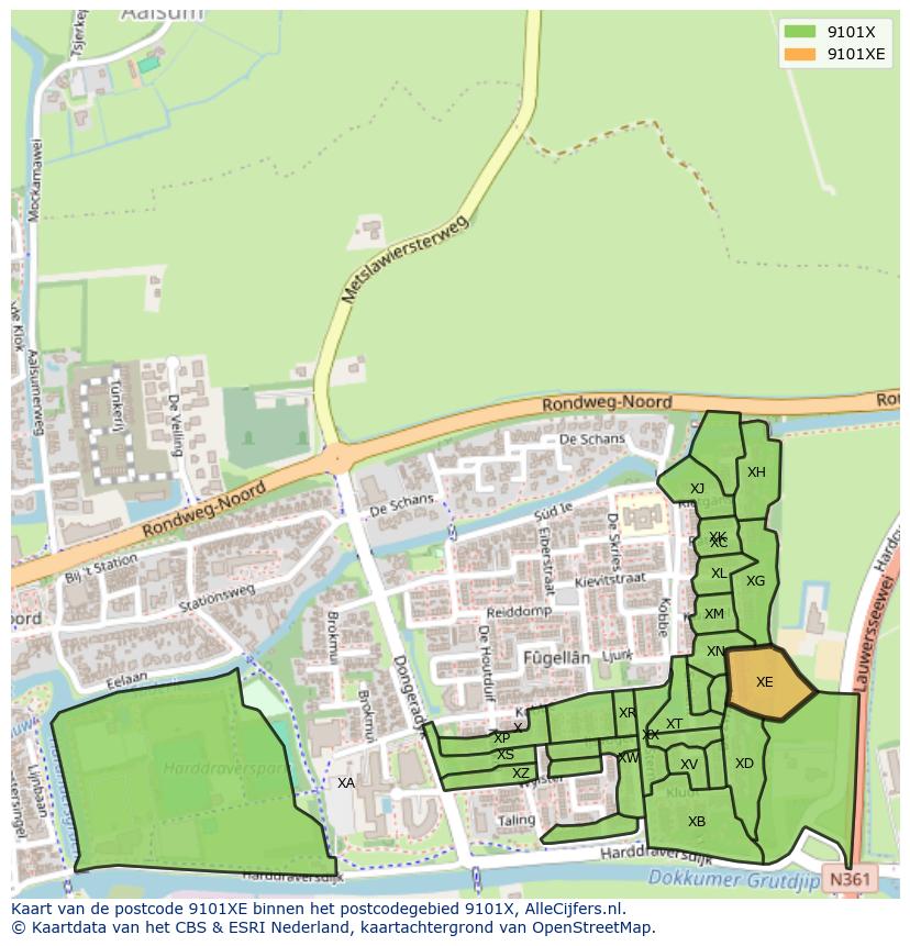 Afbeelding van het postcodegebied 9101 XE op de kaart.