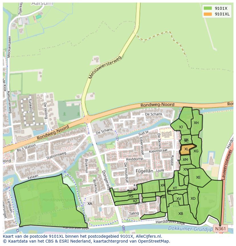 Afbeelding van het postcodegebied 9101 XL op de kaart.