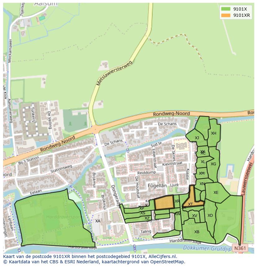 Afbeelding van het postcodegebied 9101 XR op de kaart.