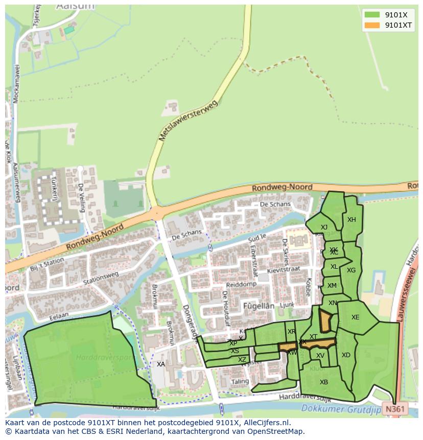Afbeelding van het postcodegebied 9101 XT op de kaart.