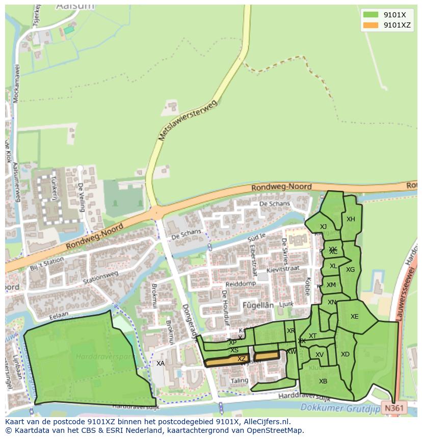 Afbeelding van het postcodegebied 9101 XZ op de kaart.