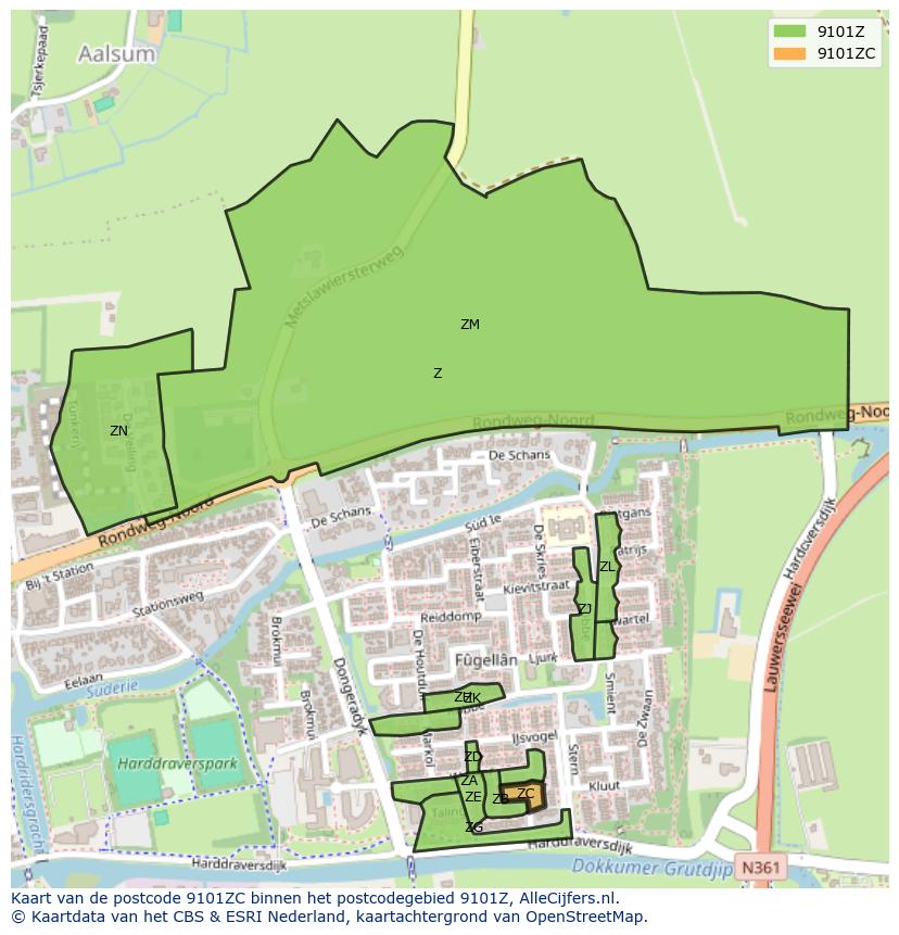 Afbeelding van het postcodegebied 9101 ZC op de kaart.