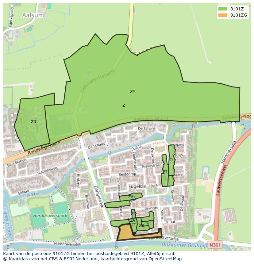Afbeelding van het postcodegebied 9101 ZG op de kaart.