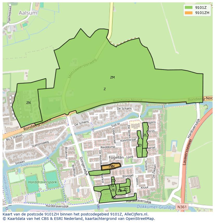 Afbeelding van het postcodegebied 9101 ZH op de kaart.