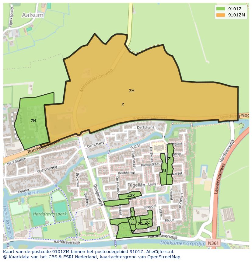 Afbeelding van het postcodegebied 9101 ZM op de kaart.