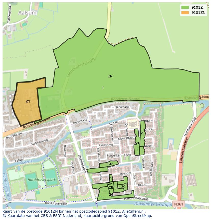 Afbeelding van het postcodegebied 9101 ZN op de kaart.