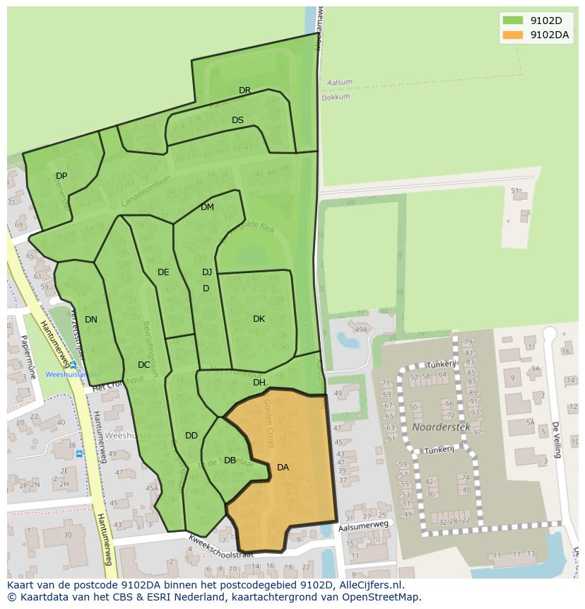 Afbeelding van het postcodegebied 9102 DA op de kaart.