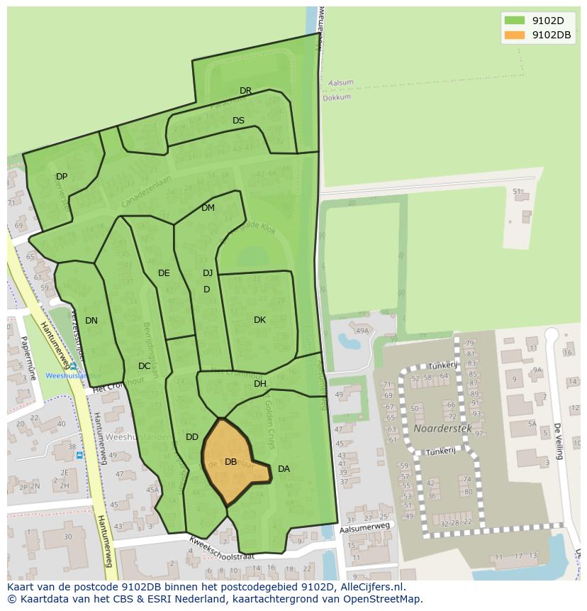 Afbeelding van het postcodegebied 9102 DB op de kaart.