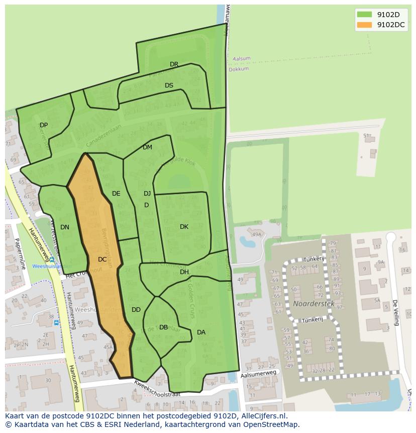 Afbeelding van het postcodegebied 9102 DC op de kaart.