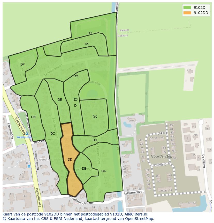 Afbeelding van het postcodegebied 9102 DD op de kaart.