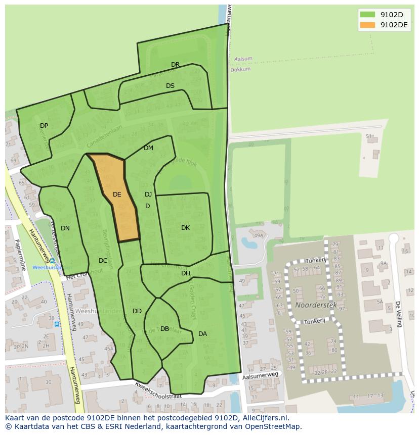 Afbeelding van het postcodegebied 9102 DE op de kaart.