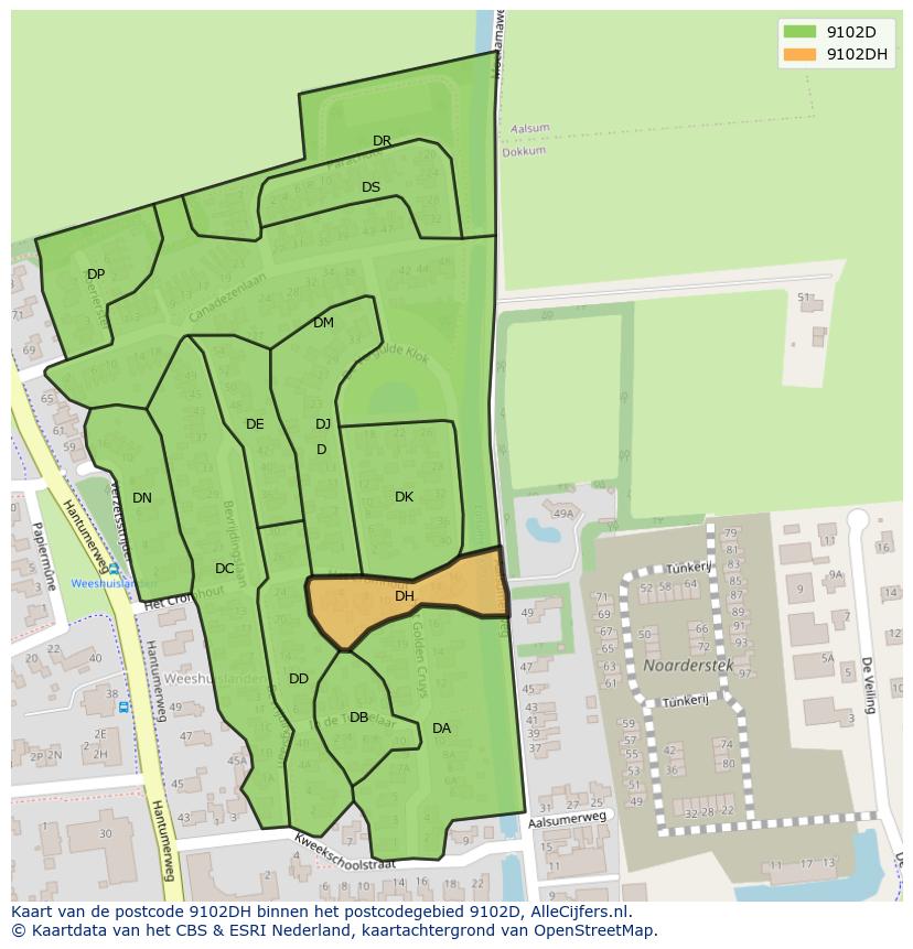 Afbeelding van het postcodegebied 9102 DH op de kaart.