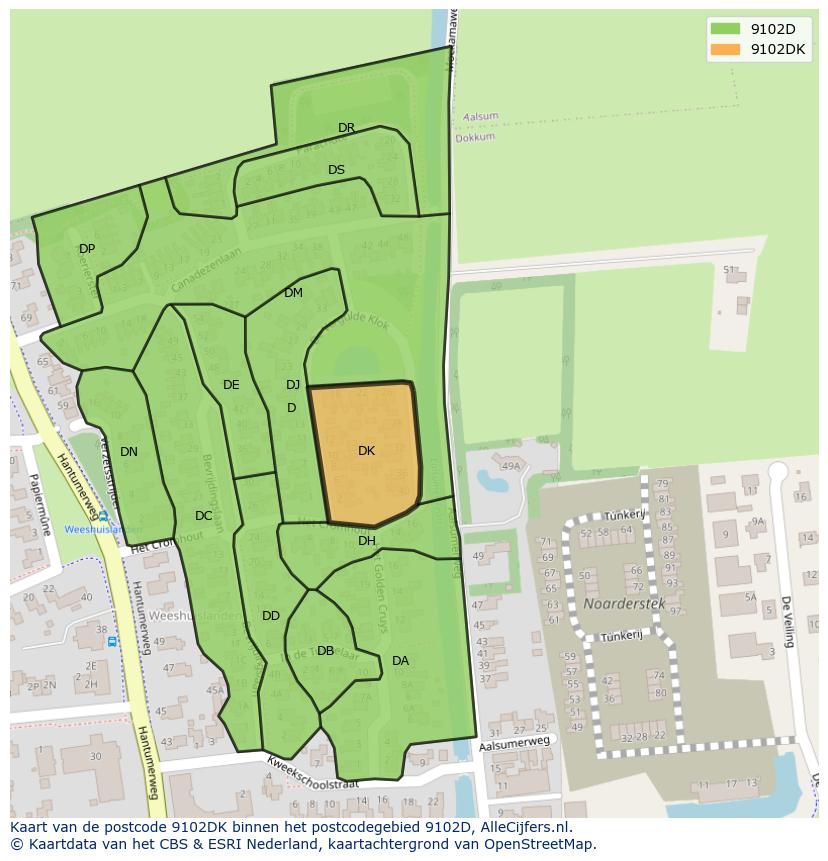 Afbeelding van het postcodegebied 9102 DK op de kaart.