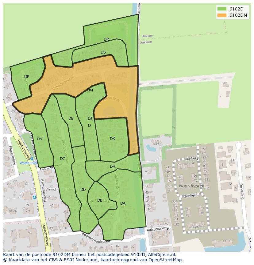 Afbeelding van het postcodegebied 9102 DM op de kaart.