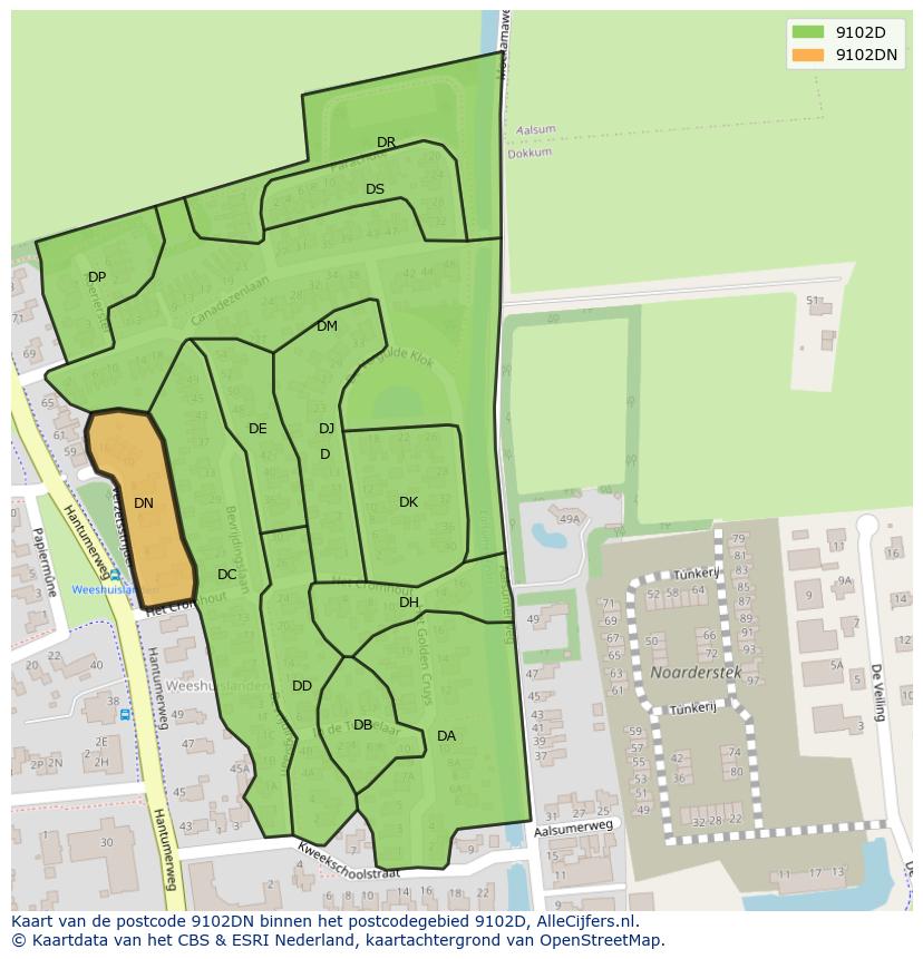 Afbeelding van het postcodegebied 9102 DN op de kaart.