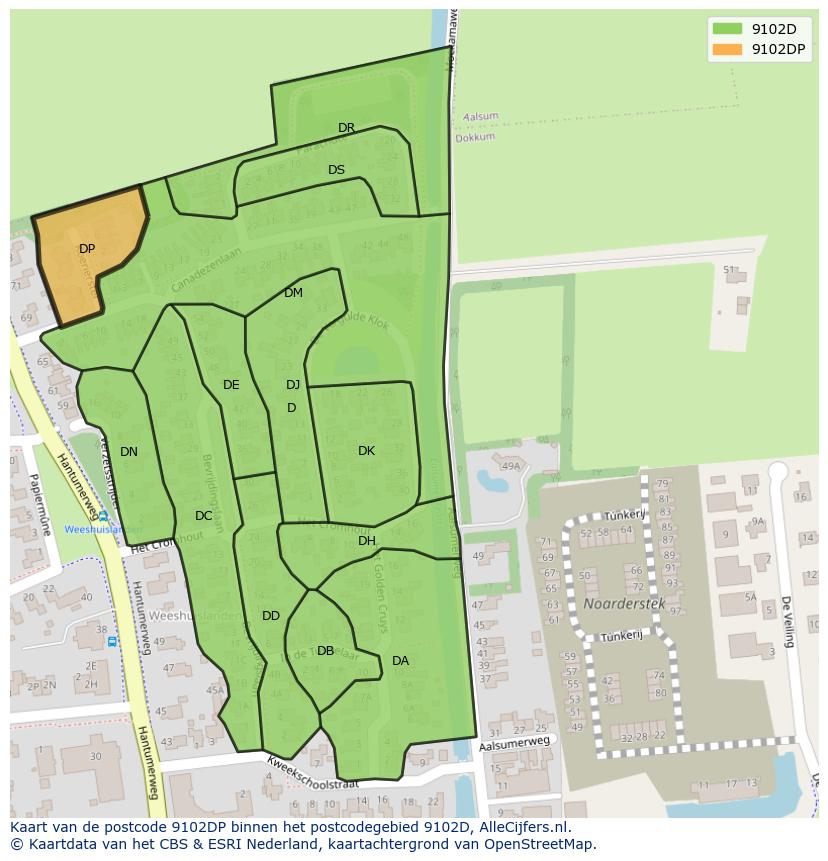Afbeelding van het postcodegebied 9102 DP op de kaart.