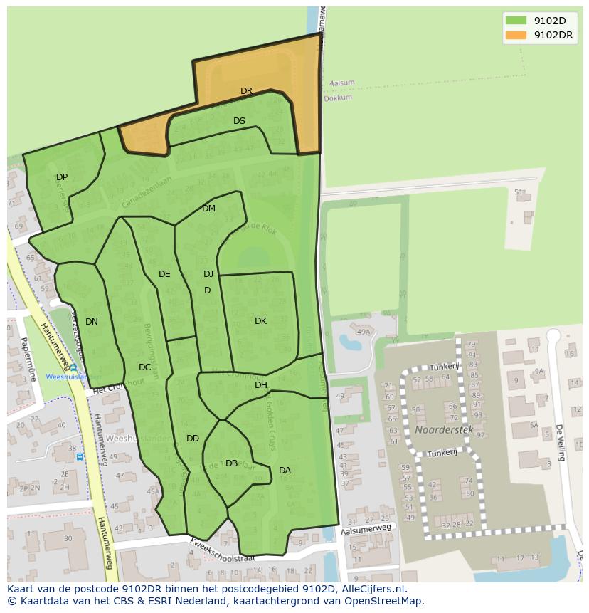 Afbeelding van het postcodegebied 9102 DR op de kaart.