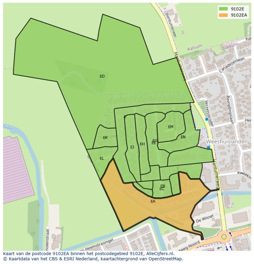 Afbeelding van het postcodegebied 9102 EA op de kaart.