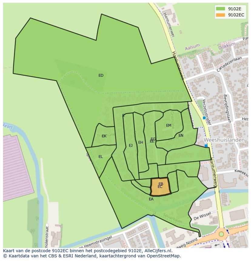 Afbeelding van het postcodegebied 9102 EC op de kaart.