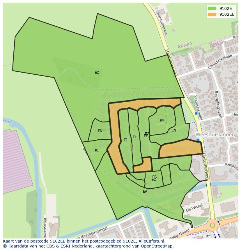 Afbeelding van het postcodegebied 9102 EE op de kaart.