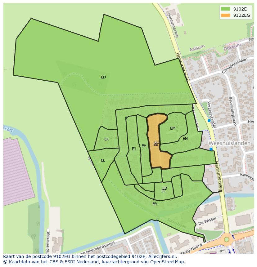 Afbeelding van het postcodegebied 9102 EG op de kaart.