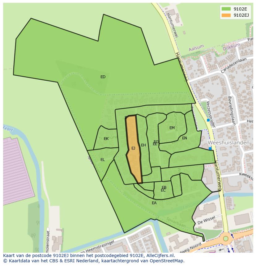 Afbeelding van het postcodegebied 9102 EJ op de kaart.