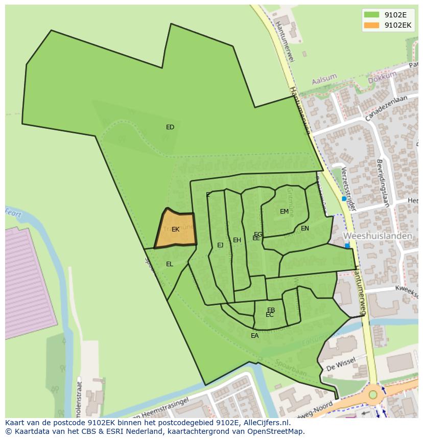 Afbeelding van het postcodegebied 9102 EK op de kaart.