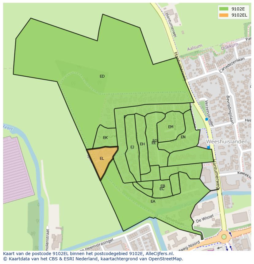 Afbeelding van het postcodegebied 9102 EL op de kaart.