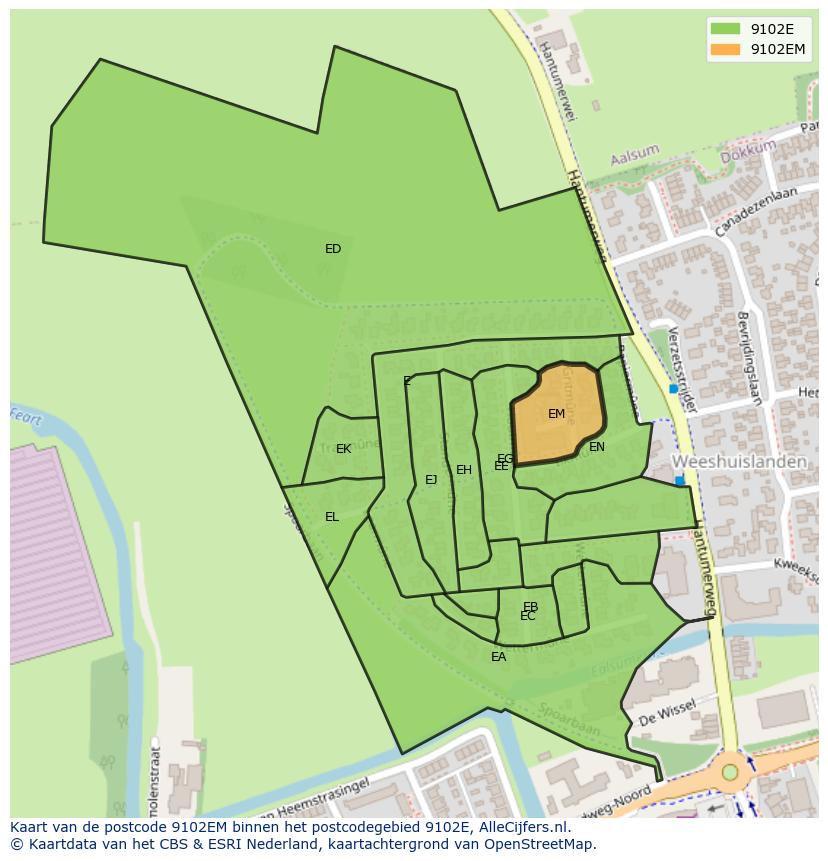 Afbeelding van het postcodegebied 9102 EM op de kaart.