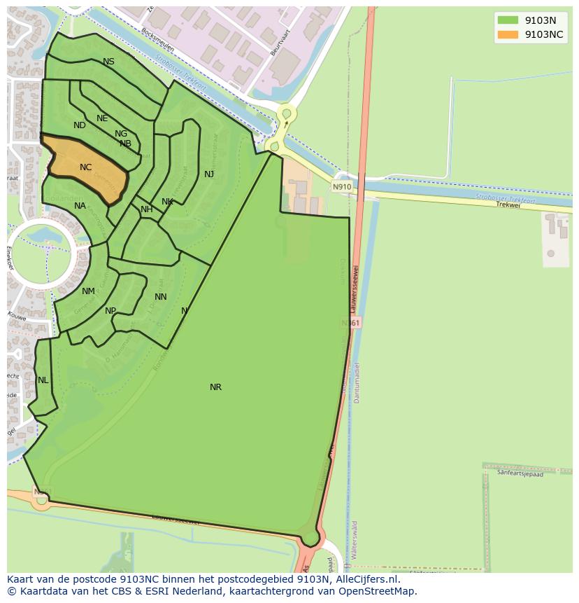 Afbeelding van het postcodegebied 9103 NC op de kaart.