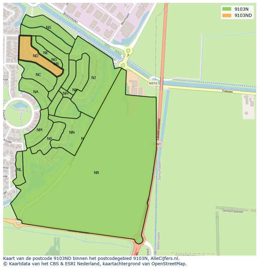 Afbeelding van het postcodegebied 9103 ND op de kaart.